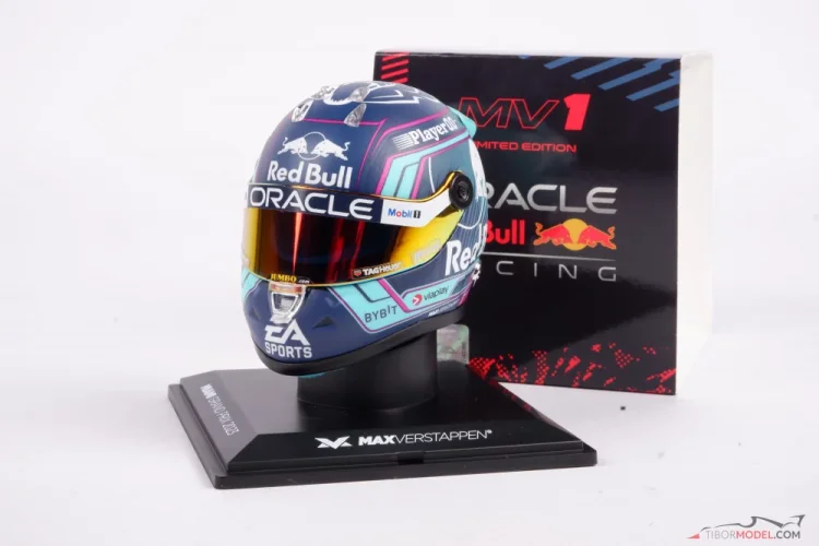 マックス・フェルスタッペン　2023 マイアミGP ヘルメット　1/4スケール Helmet Max Verstappen 2023 Miami, 1:4 Schuberth | Tibormodel.com