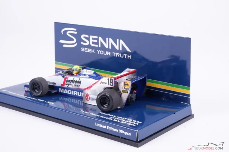Toleman TG183B - Ayrton Senna (1984), 2. helyezett, Brazília, versenykoszolt változat, 1:43 Minichamps Toleman TG183B - Ayrton Senna (1984), 2. helyezett, Brazília, versenykoszolt változat, 1:43 Minichamps