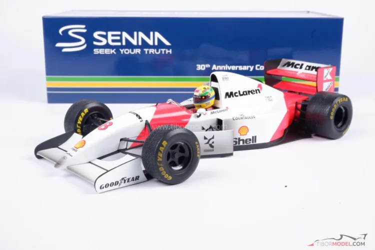 McLaren MP4/8 - Ayrton Senna (1993), VC Evropy, špinavá verze, 1:18 Minichamps