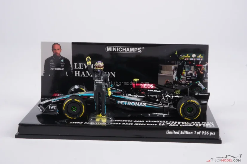 Mercedes W15 - Lewis Hamilton (2024), Poslední závod v Mercedesu, VC Abu Dhabi, s figurkou pilota, 1:43 Minichamps