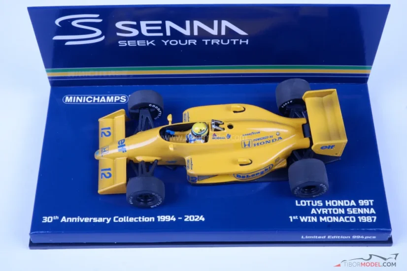 Lotus Honda 99T - Ayrton Senna (1987), 1. vítězství v Monaku, špinavá verze, 1:43 Minichamps