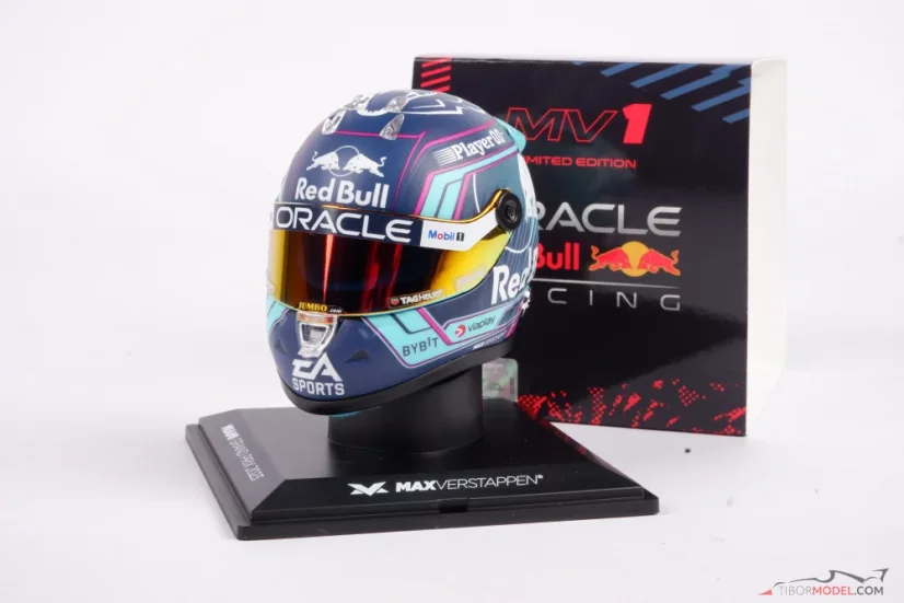 マックス・フェルスタッペン　2023 マイアミGP ヘルメット　1/4スケール Helmet Max Verstappen 2023 Miami, 1:4 Schuberth | Tibormodel.com