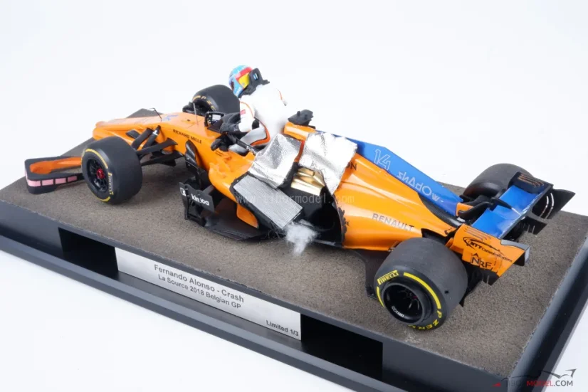 Diorama McLaren MCL33 - Fernando Alonso nehoda 2018 Belgicko, 1:18