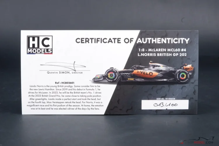 McLaren MCL60 - Lando Norris (2023), Silverstone, 1:8 HC Models McLaren MCL60 - Lando Norris (2023), Silverstone, 1:8 HC Models
