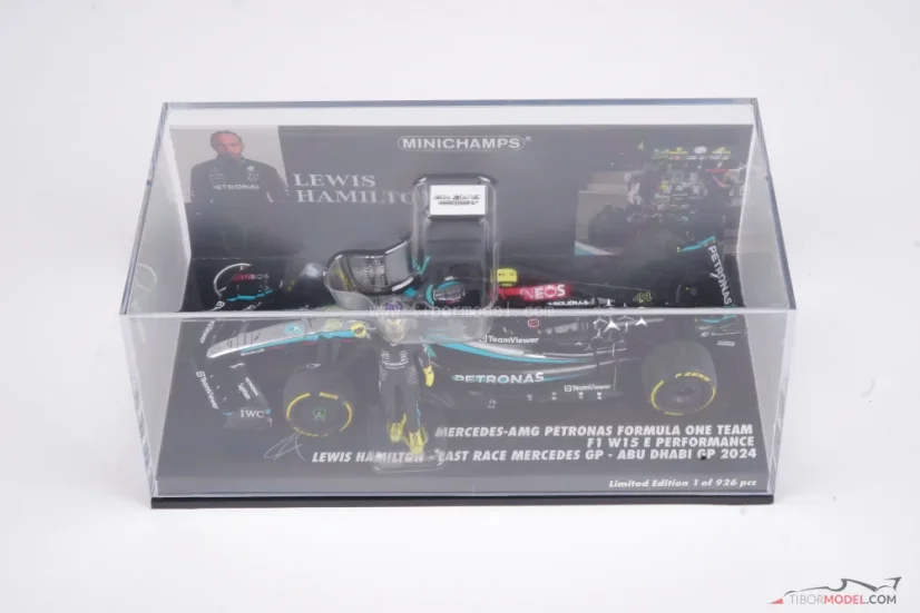 Mercedes W15 - Lewis Hamilton (2024), Poslední závod v Mercedesu, VC Abu Dhabi, s figurkou pilota, 1:43 Minichamps